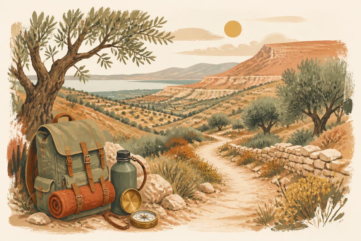 איור של שביל טיול בנוף ישראלי עם תרמיל, מימייה ומצפן